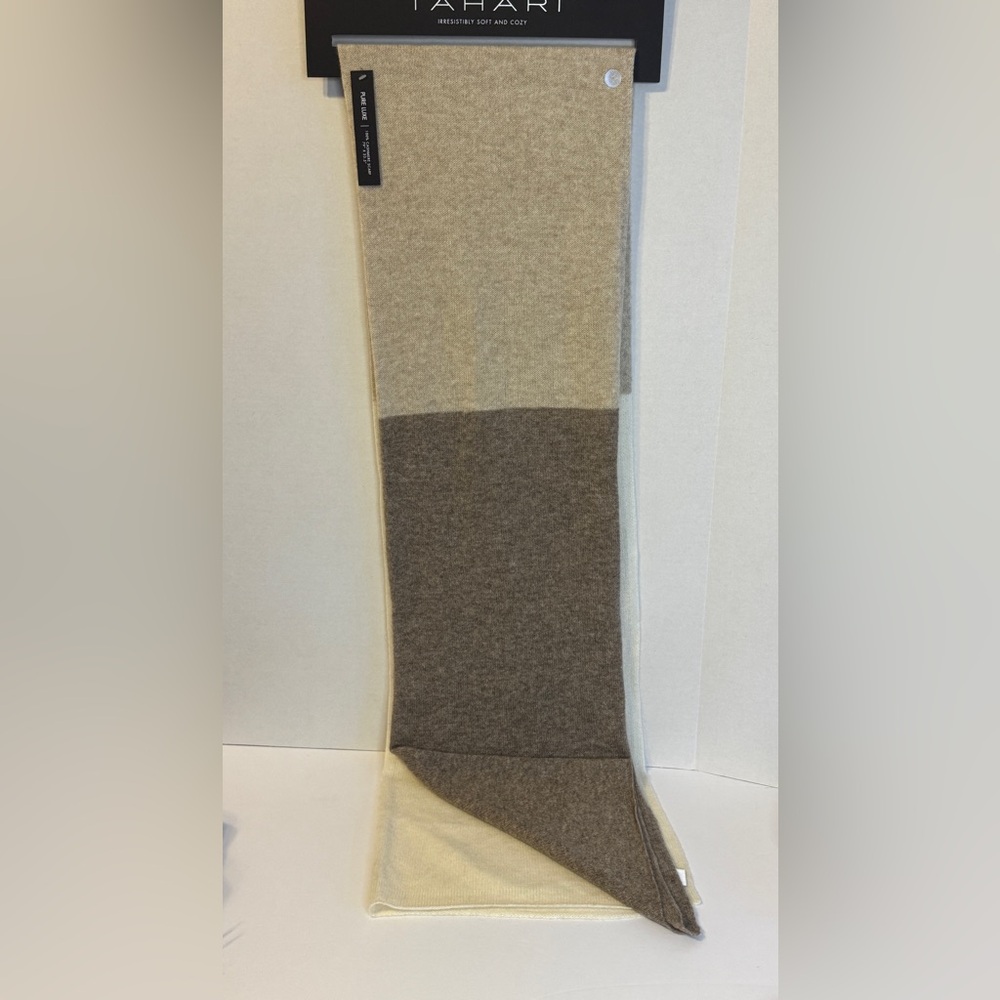 Tahari 100% Pure Cashmere Tri-Tone Scarf - Neutral Colors 71 x 13
